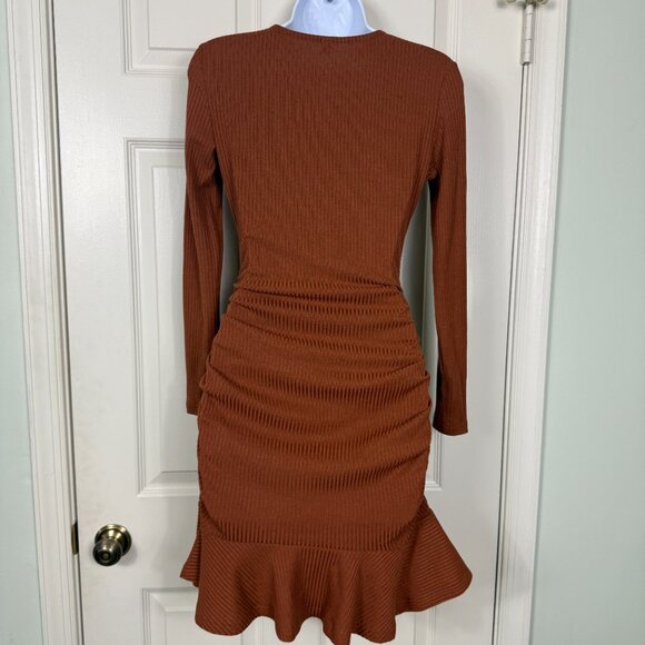 Riah Fashion Rust Ribbed Long Sleeve Bodycon Dress – Size XS - Picture 2 of 3